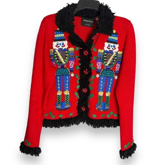 Michael Simon Womens Sz M Beaded Nutcracker Sweater Cardigan Black Fringe Trim - Picture 2 of 15